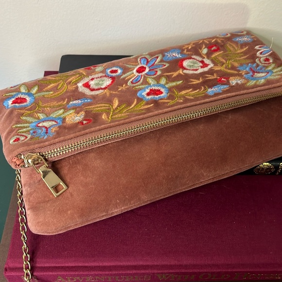 Velvet Mauve Floral Embroidered Fold Over Clutch Crossbody Gold Chain Boho - Picture 4 of 11